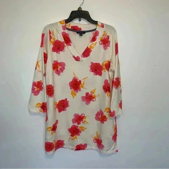 Women’s Lands End Floral Long Line Tunic Terry Cloth Lining Pockets Size M 10/12 - Picture 1 of 10